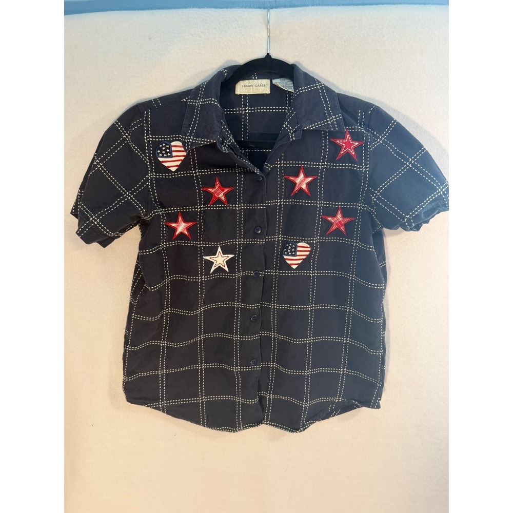 Lemon Grass Navy Sashiko Grid Stars Hearts Americana Button Down Shirt Small